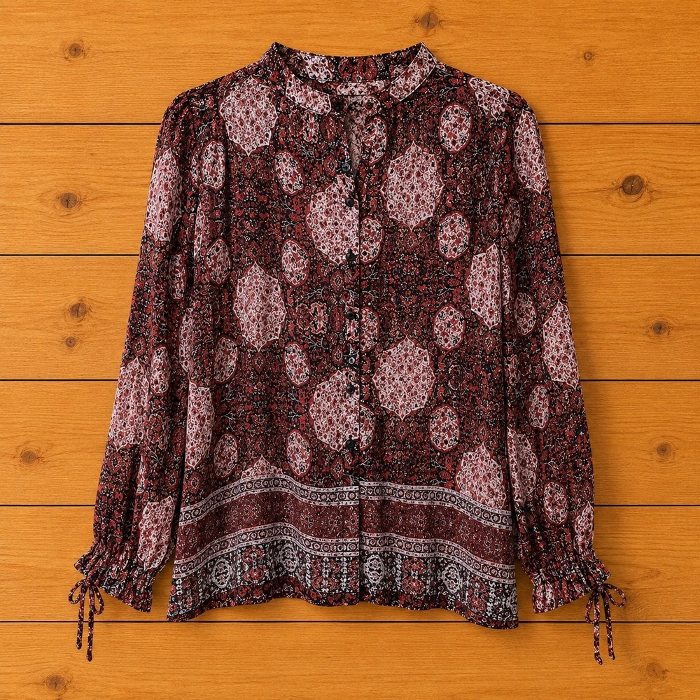 Lucky Brand Womens XL Boho Paisley Button Front Blouse Red Burgundy Tie Cuff Top